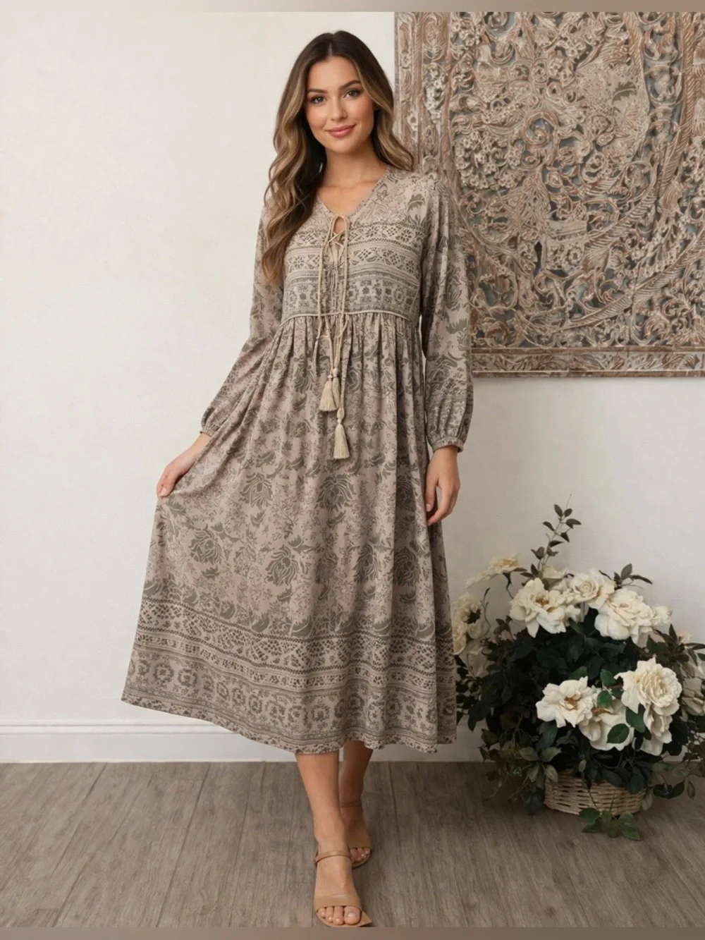 R. Vivimos Cream& Sage Bohemian Floral Flowy Midi Dress, Lightweight Comfy! - Picture 11 of 16